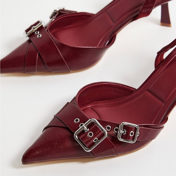 NEW Urban Outfitters Burgundy Buckle Slingback Kitten Heels - Picture 4 of 12